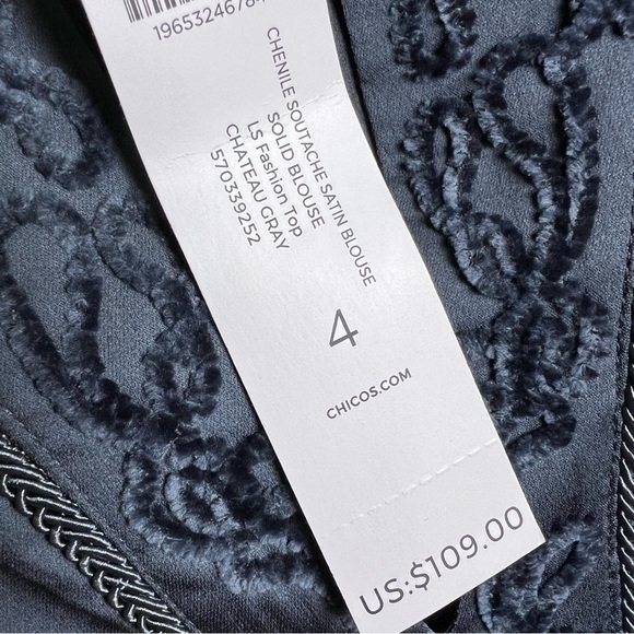 Chico’s Satin Chenille Smocked Blouse Gray Chico’s Size 4 - Picture 12 of 16